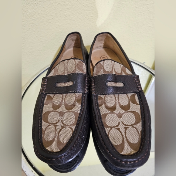 COACH Men's Brown Logo Canvas Penny Loafers with Dark Brown Trim - Picture 6 of 9